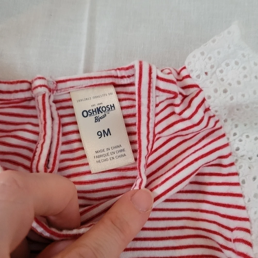 OshKosh red & white striped eyelet lace flutter sleeve onesie 9m